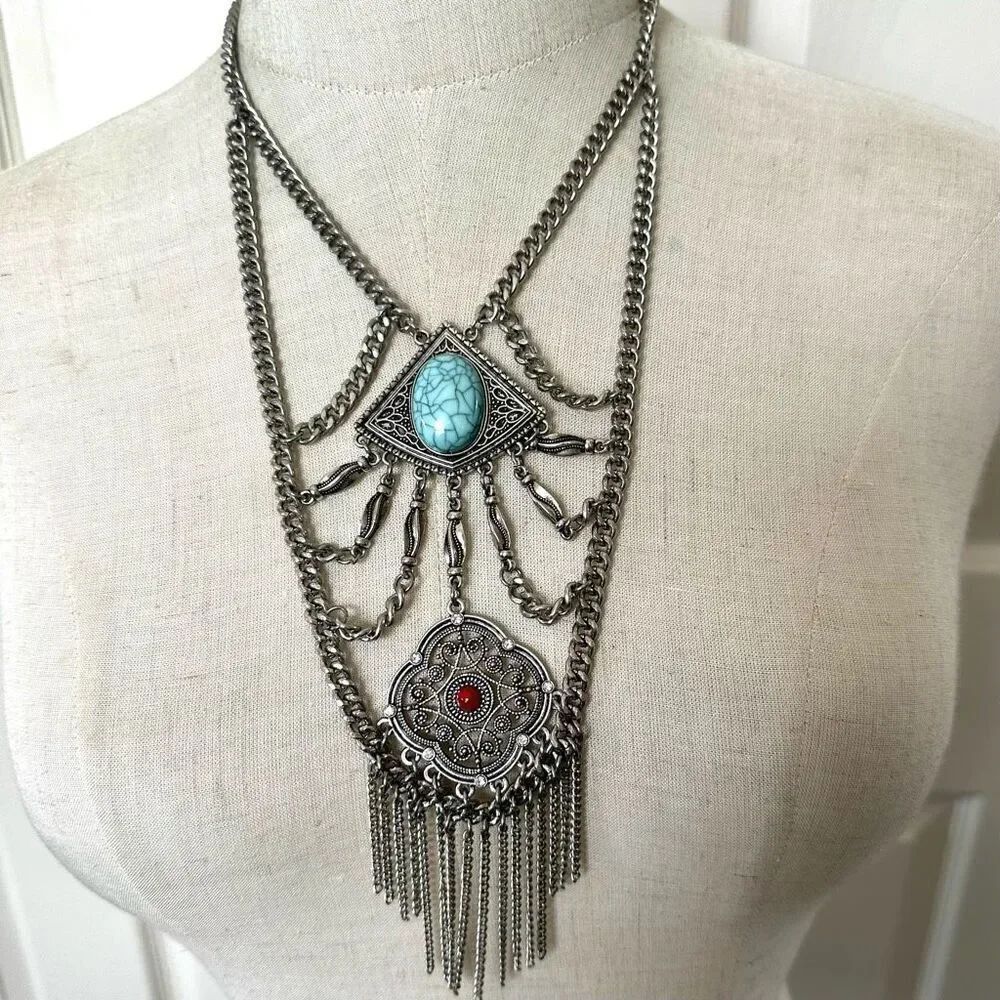 Boho Bohemian red and blue silver chain necklace